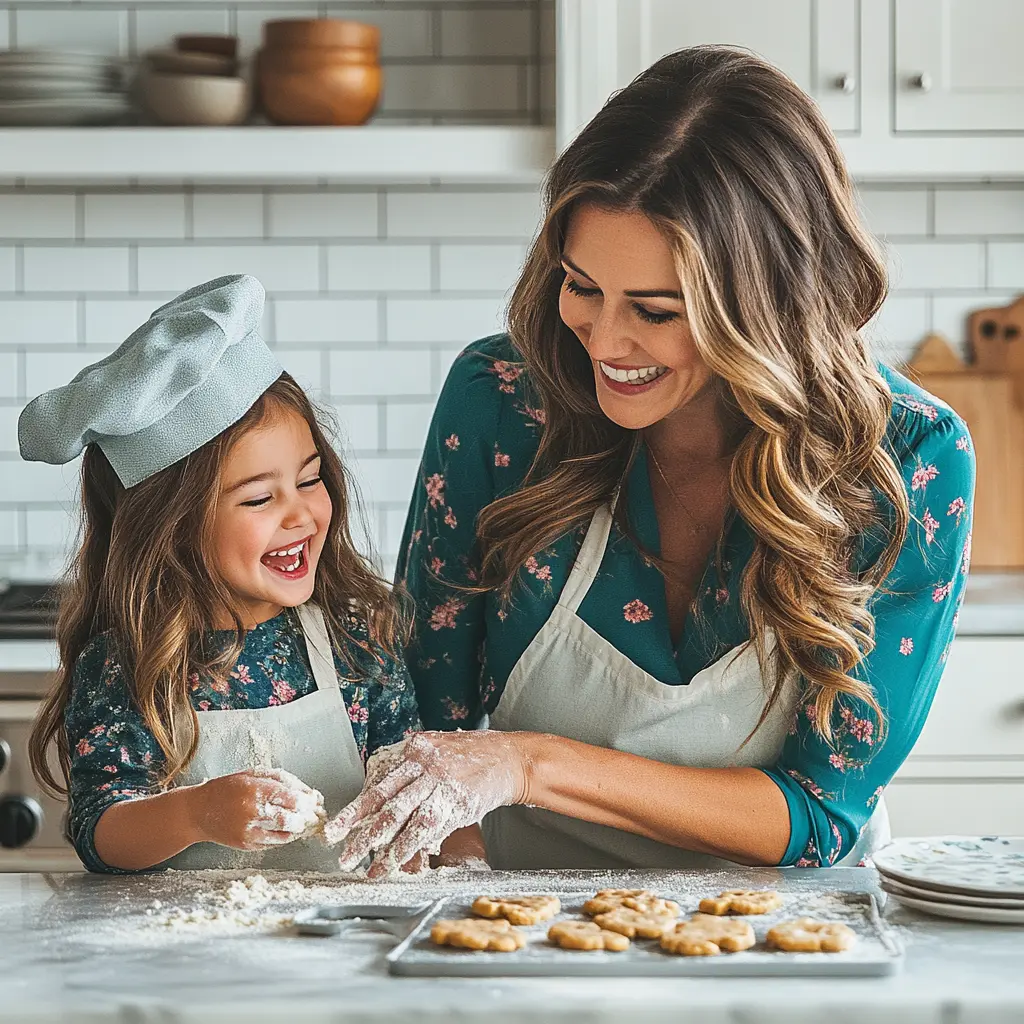 quick24recipes Mother and daughter baking cookies together in a bright kitchen, both smiling and wearing matching aprons.