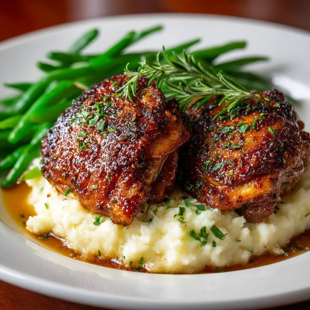 Garlic Herb Chicken Thighs Dinner – Crispy, Juicy & Flavor-Packed Garlic herb roasted chicken thighs with mashed potatoes and green beans on a white plate
