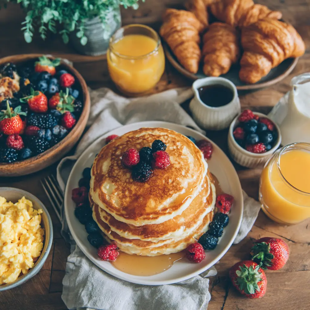 Fluffy Pancakes Breakfast – Cozy Morning Brunch Idea-1d00-4c39-9f8c-bf0df6a6282a_2 Fluffy pancakes with berries, scrambled eggs, croissants, and orange juice on a wooden table