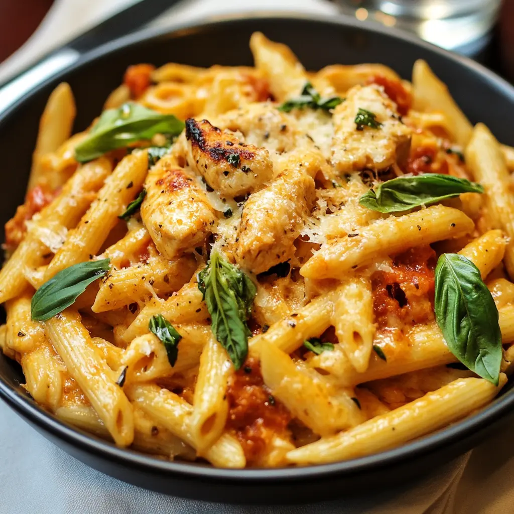 Creamy Chicken Pasta Dinner – Easy & Delicious Weeknight Recipe Creamy chicken pasta with penne in a rich tomato cream sauce topped with basil